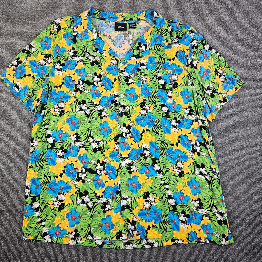 Disney Mickey Mouse Tropical Hawaiian Button Up Shirt Men's XXL Rayon‎ Floral